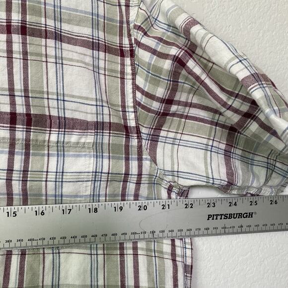 Trader Bay Mens Medium Red Plaid Button Up Short Sleeve Relaxed Linen Blend - Picture 3 of 10